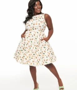 Unique Vintage Swing|Pocket Dresses>Retrolicious Plus Size 1950s Cream Book & Tea Print Cotton Swing Dress