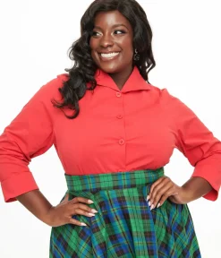 Unique Vintage Blouses|Blouses>Retrolicious Plus Size 1950s Dark Green Autumn Floral Cotton Bow Top