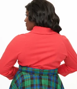 Unique Vintage Blouses|Blouses>Retrolicious Plus Size 1950s Dark Green Autumn Floral Cotton Bow Top