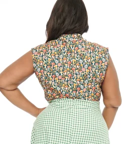 Unique Vintage Blouses|Blouses>Retrolicious Plus Size 1950s Forest Green Mushroom Print Cotton Bow Top