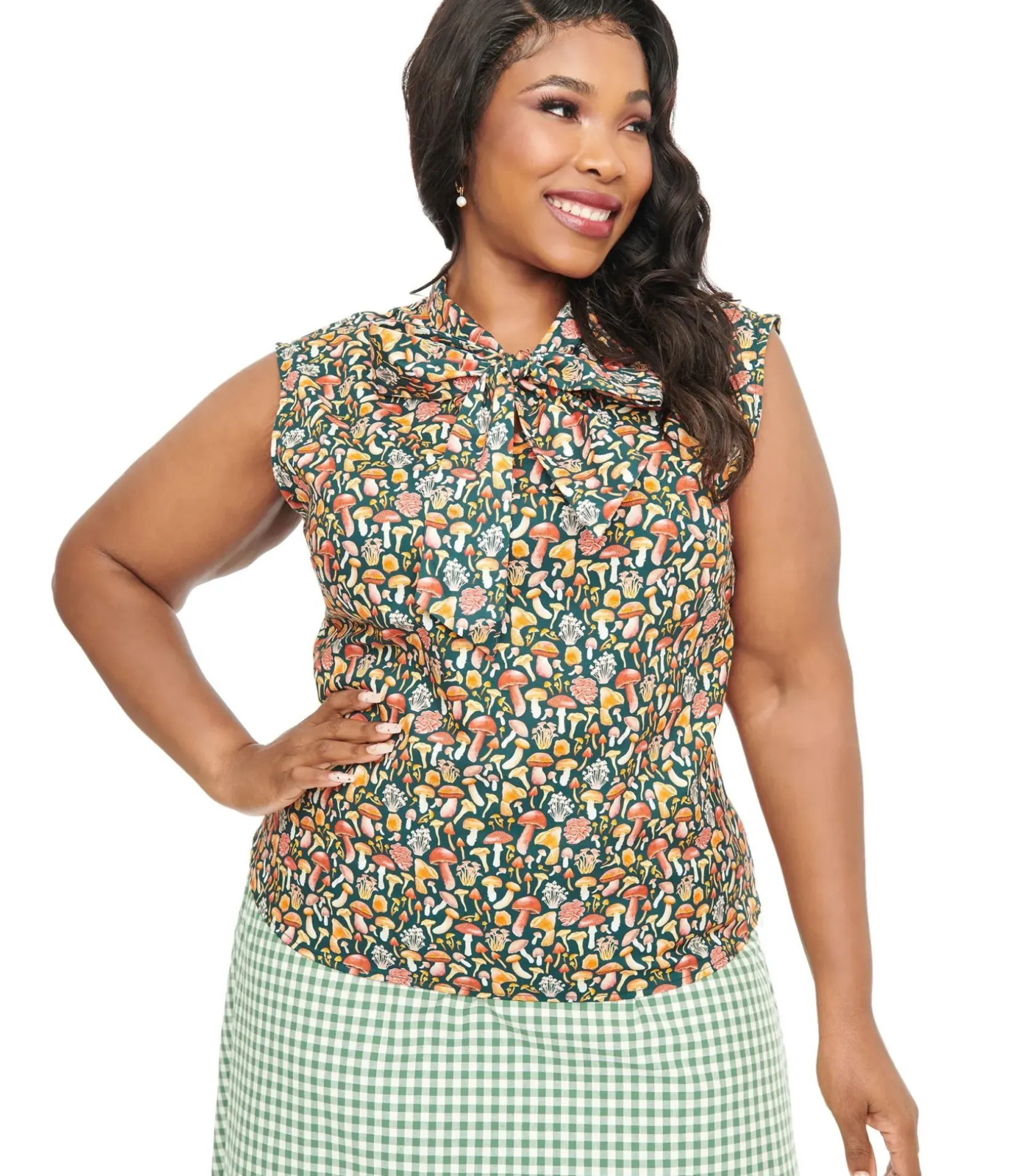 Unique Vintage Blouses|Blouses>Retrolicious Plus Size 1950s Forest Green Mushroom Print Cotton Bow Top