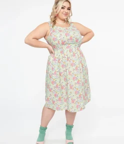 Unique Vintage Fit & Flare|Pocket Dresses>Retrolicious Plus Size 1950s Green Floral Cat Print Fit & Flare Dress