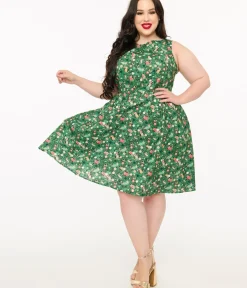 Unique Vintage Swing|Pocket Dresses>Retrolicious Plus Size 1950s Green Holiday Cat Print Cotton Swing Dress
