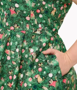 Unique Vintage Swing|Pocket Dresses>Retrolicious Plus Size 1950s Green Holiday Cat Print Cotton Swing Dress