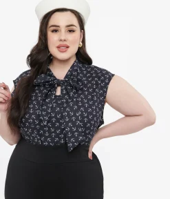 Unique Vintage Blouses|Blouses>Retrolicious Plus Size 1950s Navy Anchor Print Cotton Bow Blouse