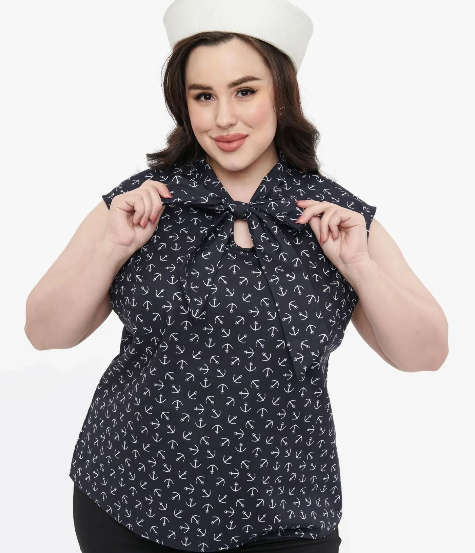 Unique Vintage Blouses|Blouses>Retrolicious Plus Size 1950s Navy Anchor Print Cotton Bow Blouse