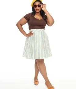 Unique Vintage Skirts|Skirts>Retrolicious Plus Size 1950s Rainbow Diagonal Stripe Skater Skirt