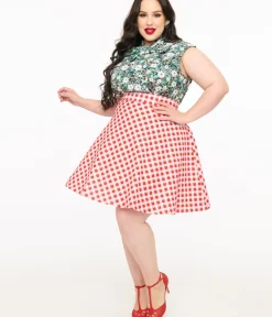 Unique Vintage Skirts|All Things Red>Retrolicious Plus Size 1950s Red Check Skater Skirt
