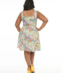Unique Vintage Swing|Pocket Dresses>Retrolicious Plus Size 1950s Vintage Style Rainbow Floral Cotton Swing Dress