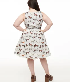 Unique Vintage Swing|Pocket Dresses>Retrolicious Plus Size 1950s White & Brown Horse Print Cotton Swing Dress