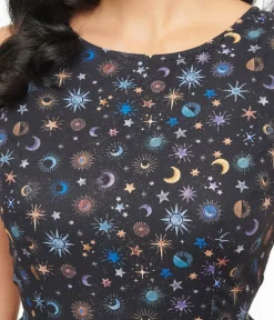 Unique Vintage Midi|Fit & Flare>Retrolicious 1950s Black Celestial Stars & Moon Print Midi Dress