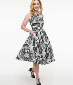 Unique Vintage Everyday Dresses|Halloween>Retrolicious 1950s Black & White Halloween Newspaper Midi Dress
