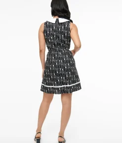 Unique Vintage Fit & Flare|Everyday Dresses>Retrolicious 1950s Black & White Skeleton Print Collared Fit & Flare Dress