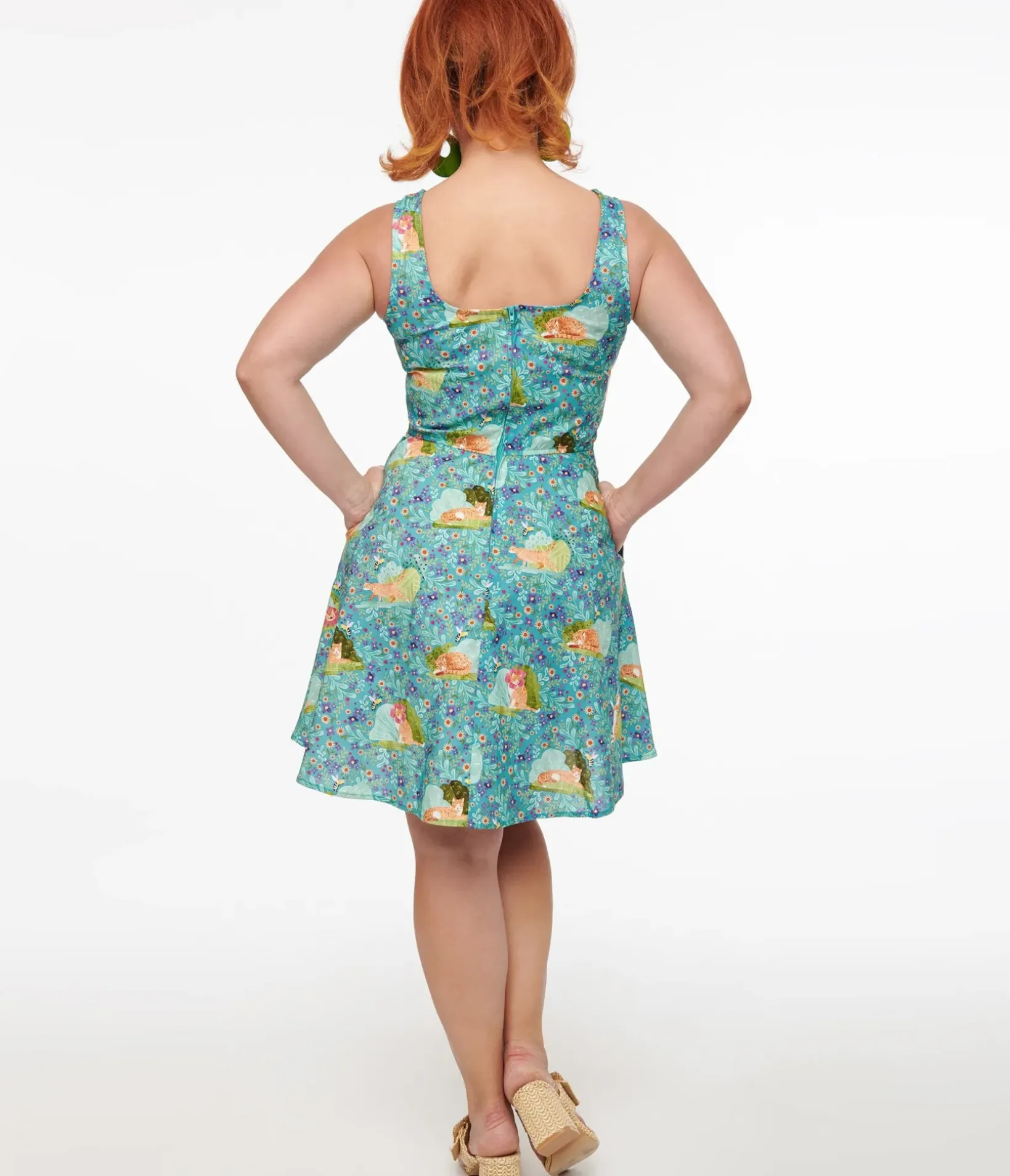 Unique Vintage Pocket Dresses|Everyday Dresses>Retrolicious 1950s Blue Cat Leaf Print Cotton Skater Dress