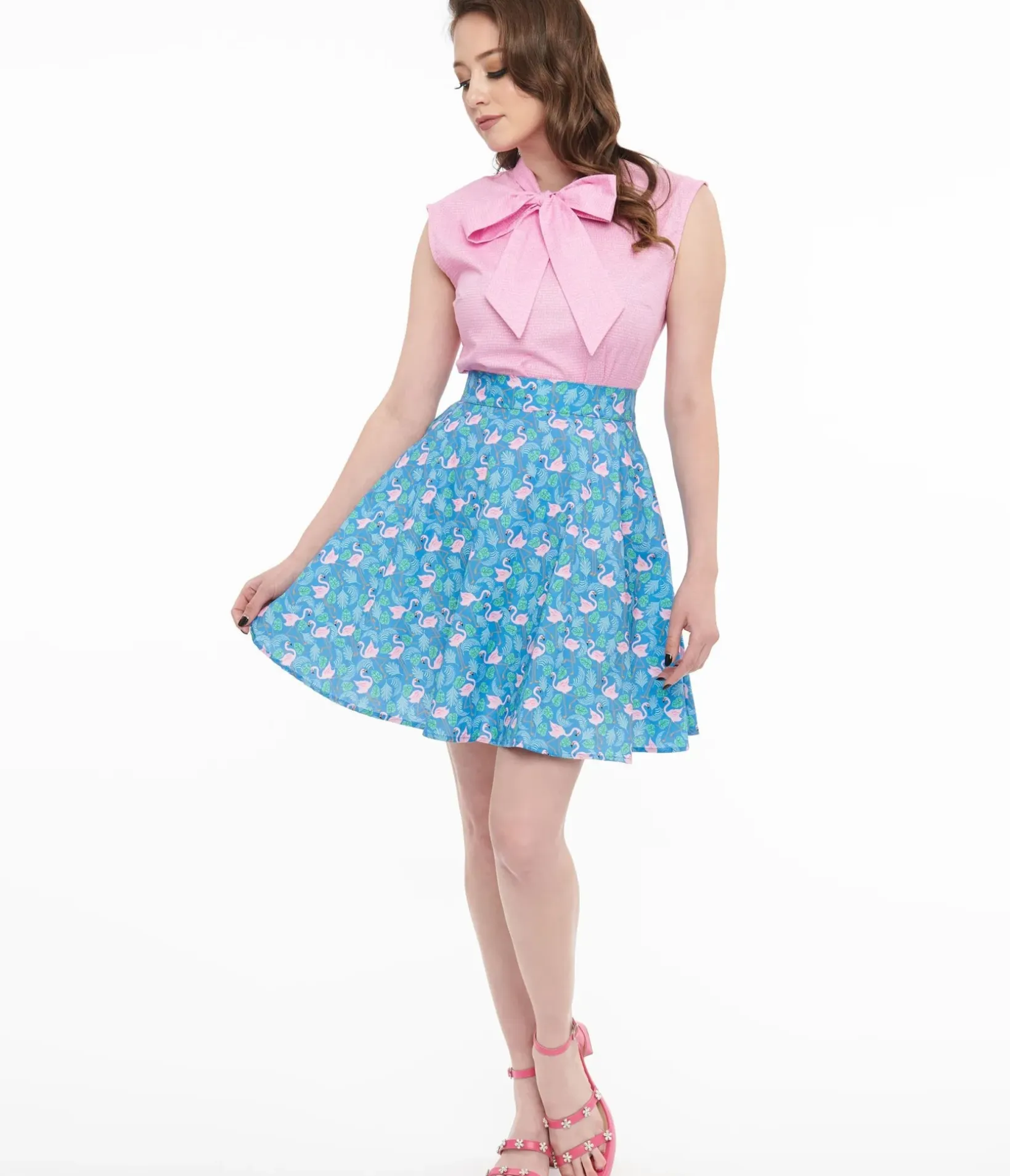 Unique Vintage Fit & Flare|Skirts>Retrolicious 1950s Blue & Pink Flamingo Print Cotton Skater Skirt
