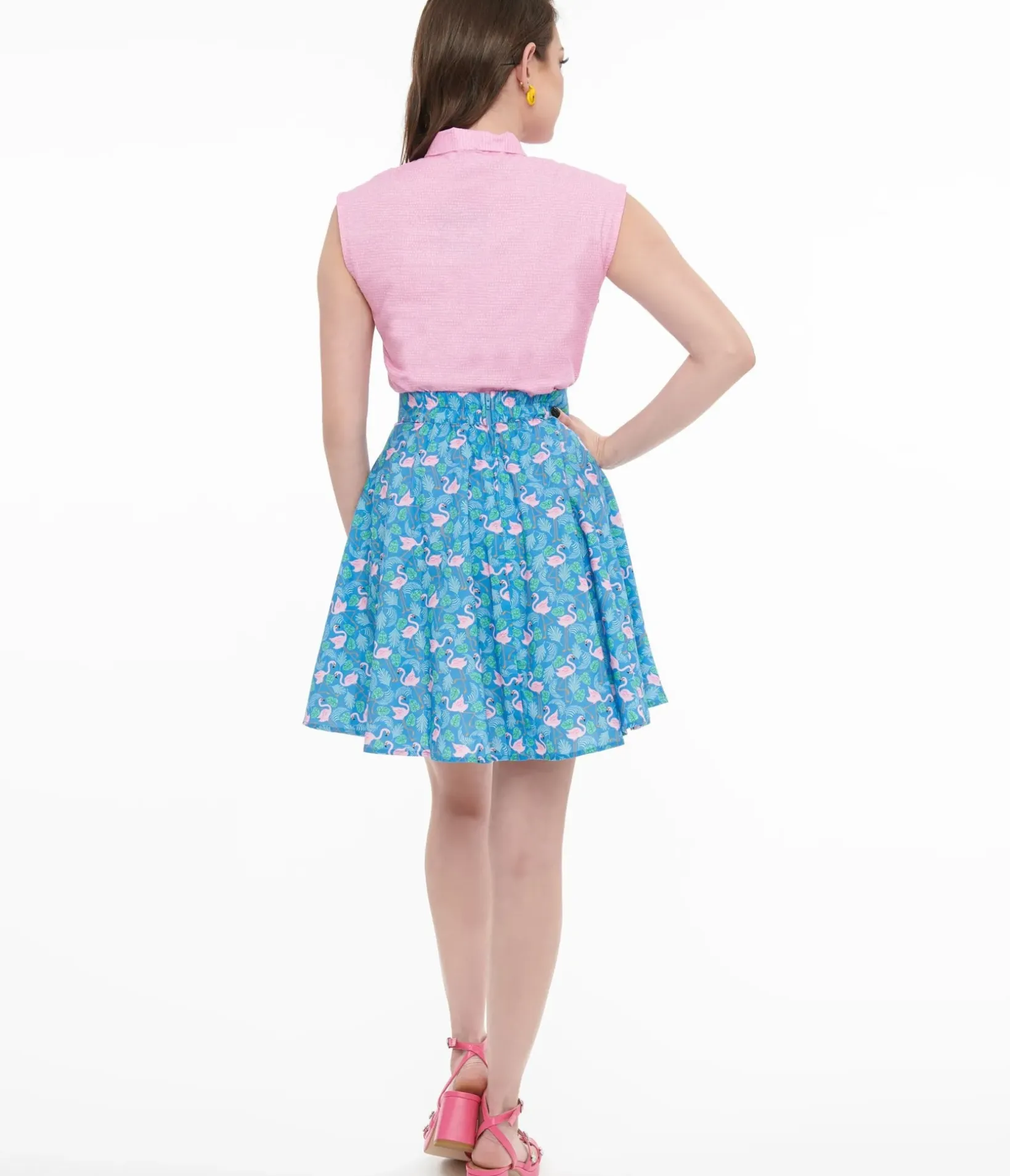 Unique Vintage Fit & Flare|Skirts>Retrolicious 1950s Blue & Pink Flamingo Print Cotton Skater Skirt