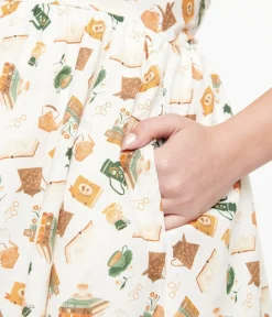 Unique Vintage Swing|Pocket Dresses>Retrolicious 1950s Cream Book & Tea Print Cotton Swing Dress