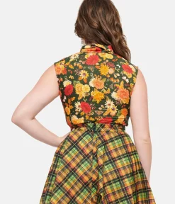 Unique Vintage Blouses>Retrolicious 1950s Dark Green Autumn Floral Cotton Bow Top