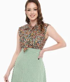Unique Vintage Blouses>Retrolicious 1950s Forest Green Mushroom Print Cotton Bow Top