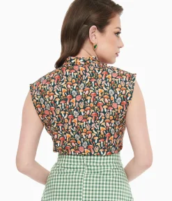 Unique Vintage Blouses>Retrolicious 1950s Forest Green Mushroom Print Cotton Bow Top