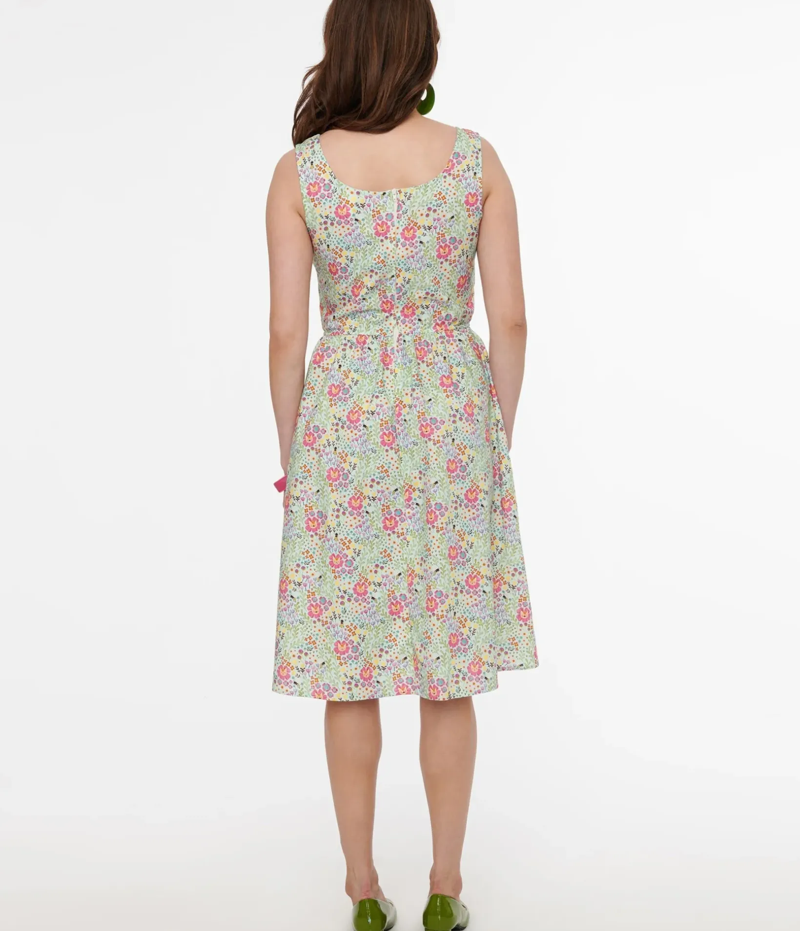 Unique Vintage Fit & Flare|Pocket Dresses>Retrolicious 1950s Green Floral Cat Print Fit & Flare Dress