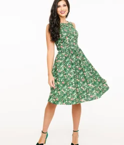 Unique Vintage Swing|Pocket Dresses>Retrolicious 1950s Green Holiday Cat Print Cotton Swing Dress