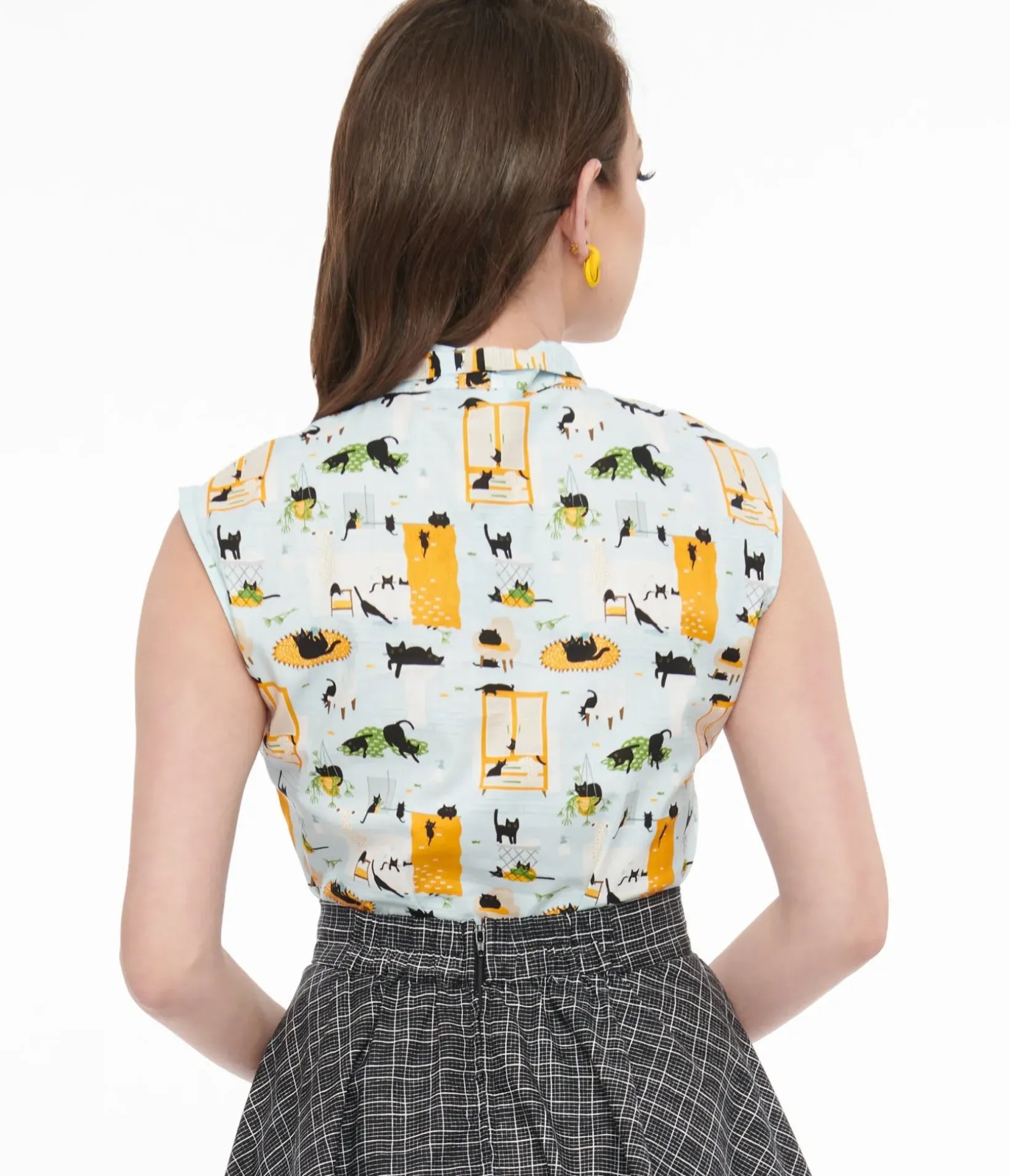 Unique Vintage Blouses|Work Wear>Retrolicious 1950s Light Blue Cat Print Cotton Bow Top