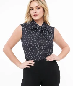 Unique Vintage Blouses|Date Night Outfits>Retrolicious 1950s Navy Anchor Print Cotton Bow Blouse