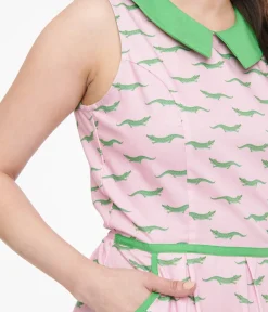 Unique Vintage Fit & Flare|Pocket Dresses>Retrolicious 1960s Pink & Green Alligator Fit & Flare Collared Dress
