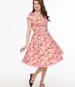 Unique Vintage Swing|Pocket Dresses>Retrolicious 1950s Pink & Red Lobster Print Cotton Greta Swing Dress