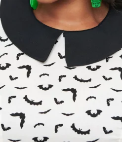 Unique Vintage Fit & Flare|Everyday Dresses>Retrolicious 1950s Plus Size White & Black Bat Print Collared Fit & Flare Dress