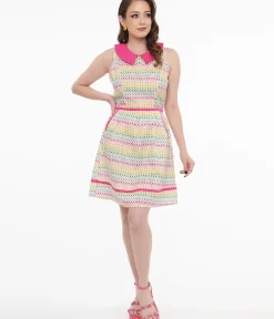 Unique Vintage Fit & Flare|Pocket Dresses>Retrolicious 1950s Rainbow Leaf Collared Fit & Flare Dress
