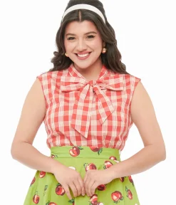 Unique Vintage Blouses|All Things Red>Retrolicious 1950s Red & White Gingham Cotton Bow Top