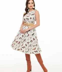 Unique Vintage Swing|Pocket Dresses>Retrolicious 1950s White & Brown Horse Print Cotton Swing Dress
