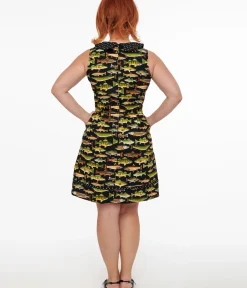Unique Vintage Fit & Flare|Pocket Dresses>Retrolicious 1950s White Polka Dot & Fish Print Collared Fit & Flare Dress