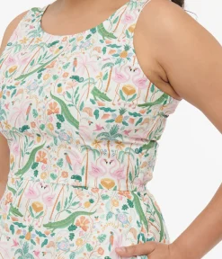 Unique Vintage Pocket Dresses|Everyday Dresses>Retrolicious 1950s White & Tropical Print Cotton Skater Dress