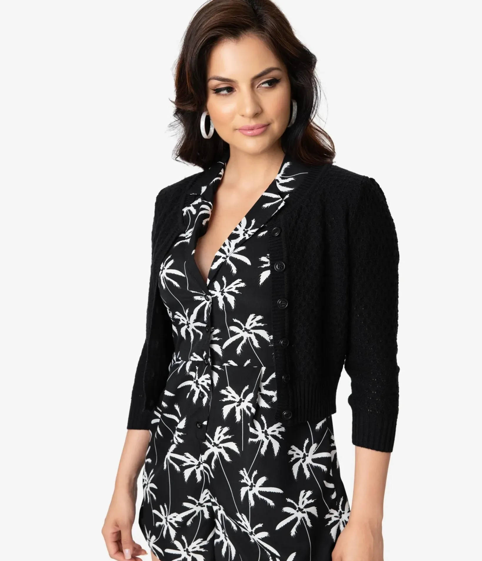 Unique Vintage Sweaters & Cardigans|All Things Black>Retro Style Black Cotton Crochet Sleeved Button Cardigan