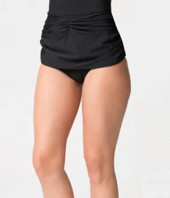 Unique Vintage Swim Bottoms|Two Piece Swim>Retro Style Black Gathered High Waist Skirted Swim Bottoms