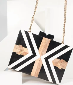 Unique Vintage Special Occasion|Prom Accessories>Retro Style Black & White Chevron Wood & Resin Hard Clutch
