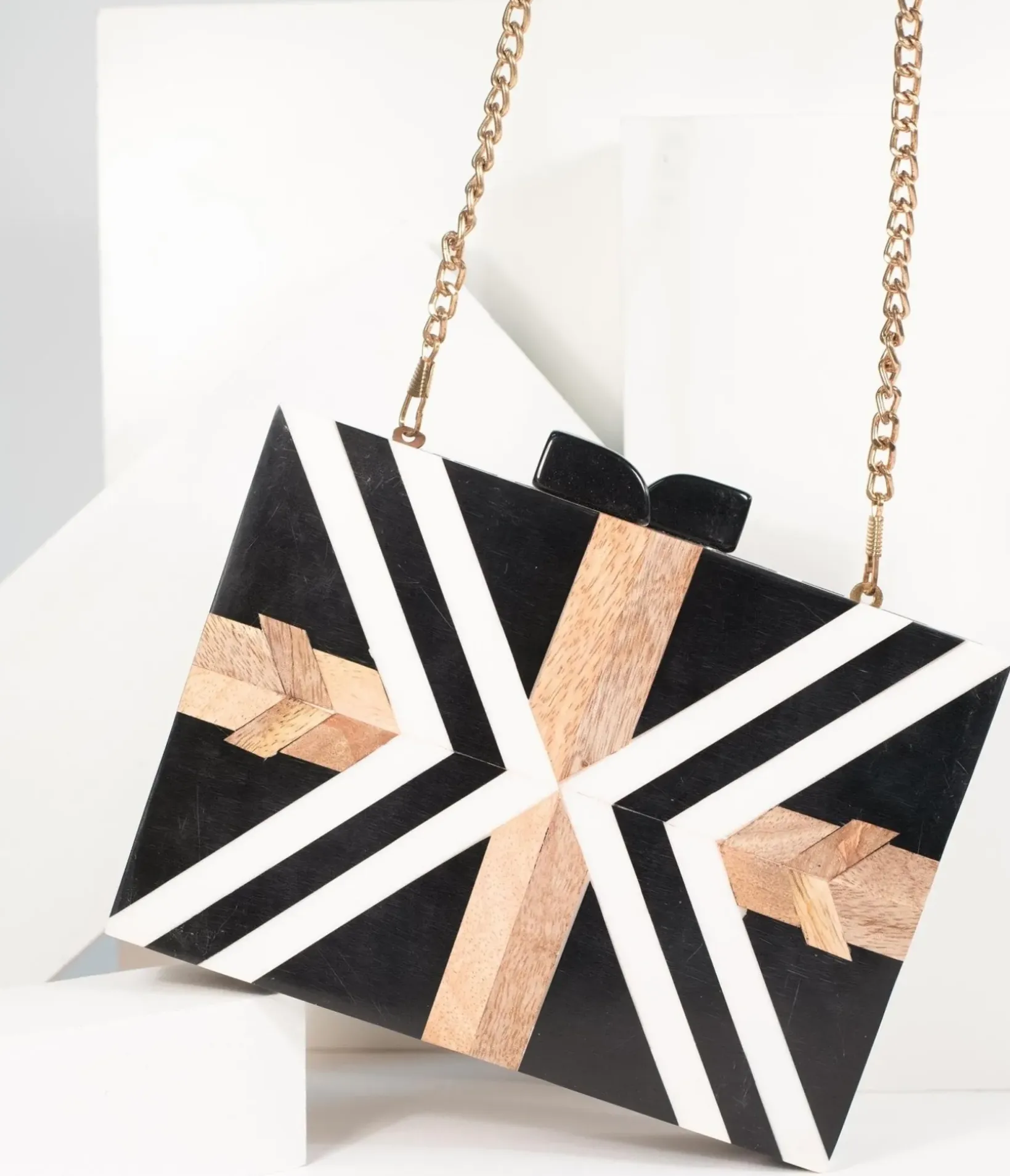 Unique Vintage Special Occasion|Prom Accessories>Retro Style Black & White Chevron Wood & Resin Hard Clutch