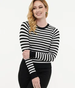 Unique Vintage Sweaters & Cardigans>Retro Style Black & White Stripe Long Sleeve Knit Sweater Top