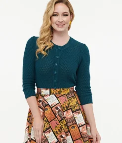 Unique Vintage Sweaters & Cardigans|Work Wear>Retro Style Dark Teal Crochet Cardigan