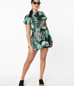 Unique Vintage Skirts|Shorts>Retro Style Green & Black Palm Print Tropical Skort