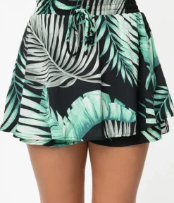 Unique Vintage Skirts|Shorts>Retro Style Green & Black Palm Print Tropical Skort