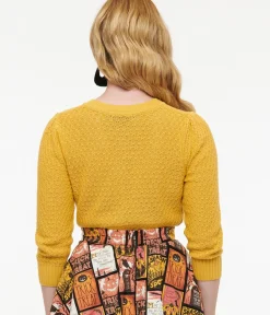 Unique Vintage Sweaters & Cardigans|Work Wear>Retro Style Honey Yellow Cotton Crochet Sleeved Button Cardigan