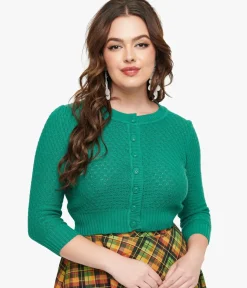 Unique Vintage Sweaters & Cardigans|Work Wear>Retro Style Kelly Green Crochet Cardigan