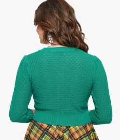 Unique Vintage Sweaters & Cardigans|Work Wear>Retro Style Kelly Green Crochet Cardigan