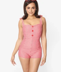Unique Vintage One Piece Swim|All Things Red>Retro Style Red & White Gingham One Piece Swimsuit