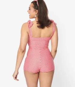 Unique Vintage One Piece Swim|All Things Red>Retro Style Red & White Gingham One Piece Swimsuit