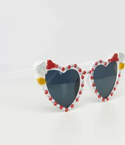 Unique Vintage Sunglasses>Rhinestone Crawfish White Heart Cat Eye Sunglasses